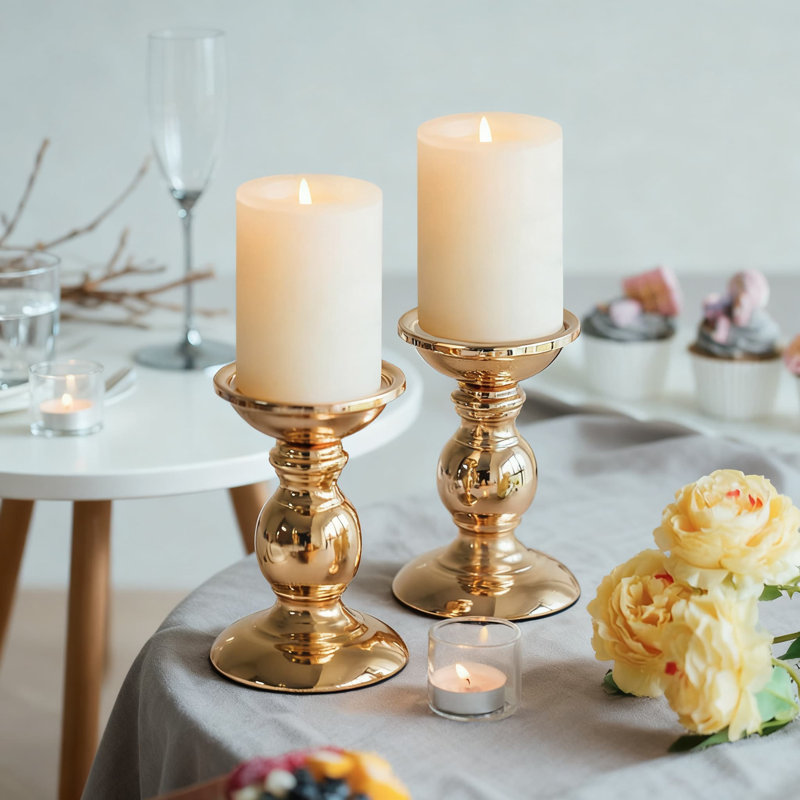 2-Pack Pillar Candle Holders For 3-Inch Candles, Iron Metal Candlesticks With Heavy Base For Stability, Decorative Centerpiece For Wedding, Home, Party, And Spa Decor