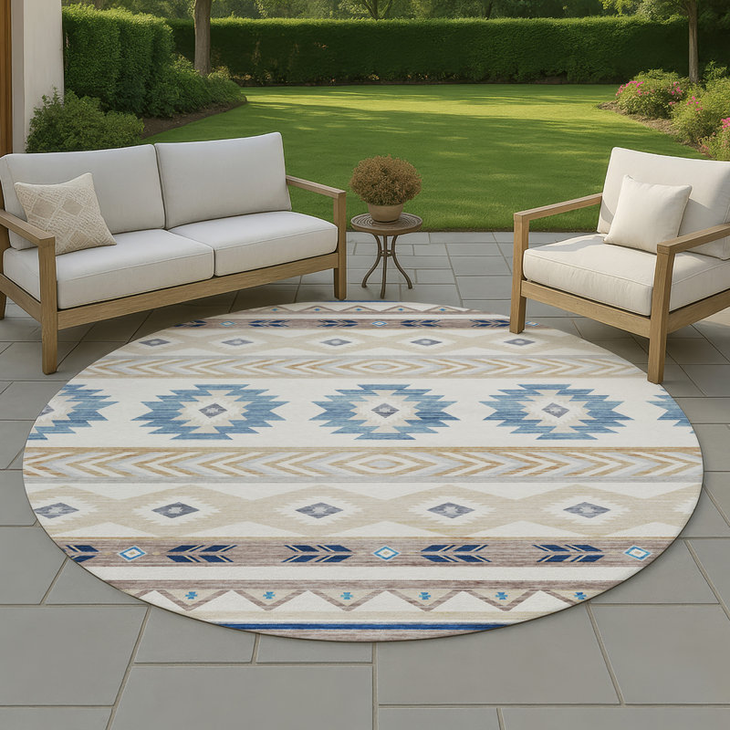 Tapis ivoire / bleu en polyester tissé à la machine Mentzer Southwestern, Rond 8 pi