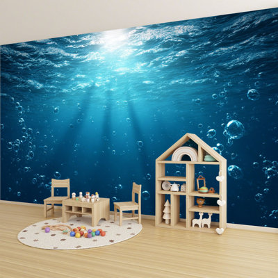 Peel and Stick Wallpaper Blue ocean waves from underwater bubbles Wall Murals 69"H x 96"W Removable PVC Wall Paper Self-Adhesive Wall Decor for Bedroom Living Room Home Office