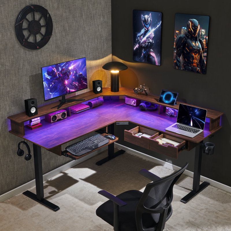 Bureau pour travailler debout 60 "en L avec prises de courant et lumières DEL, Brun / Noir