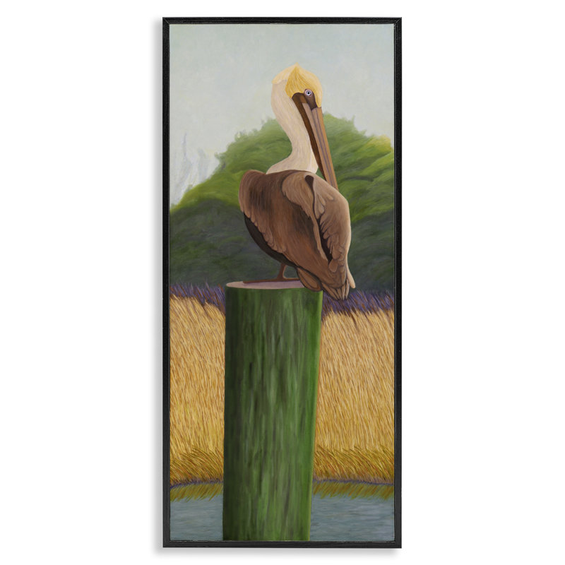 Pélican aux yeux bleus, estampe numérique, conception par Barbara Fallenbaum, Giclée encadrée noir minuit, H 30 po x l 13 po