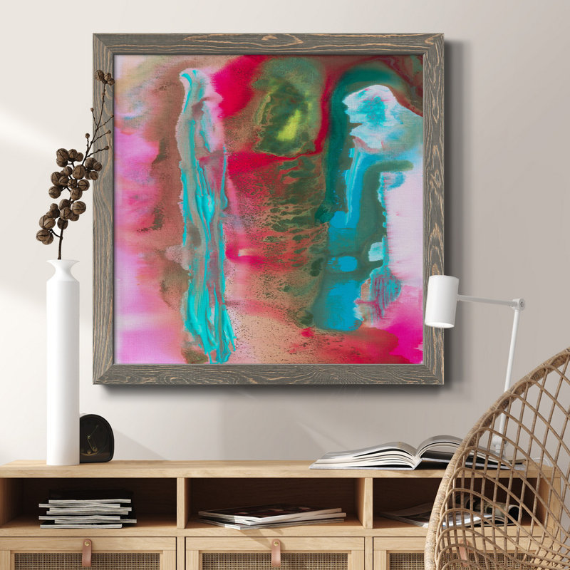 «Tropical Whimsy Arrangement», peinture sur toile encadrée, H 34,5 po x l 34,5 po x P 1 po, Cadre gris