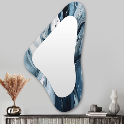 «Denson» bleu et gris éthéré Elixir III - miroir abstrait de forme unique, miroir mural bleu unique de forme libre, impression d'art en métal