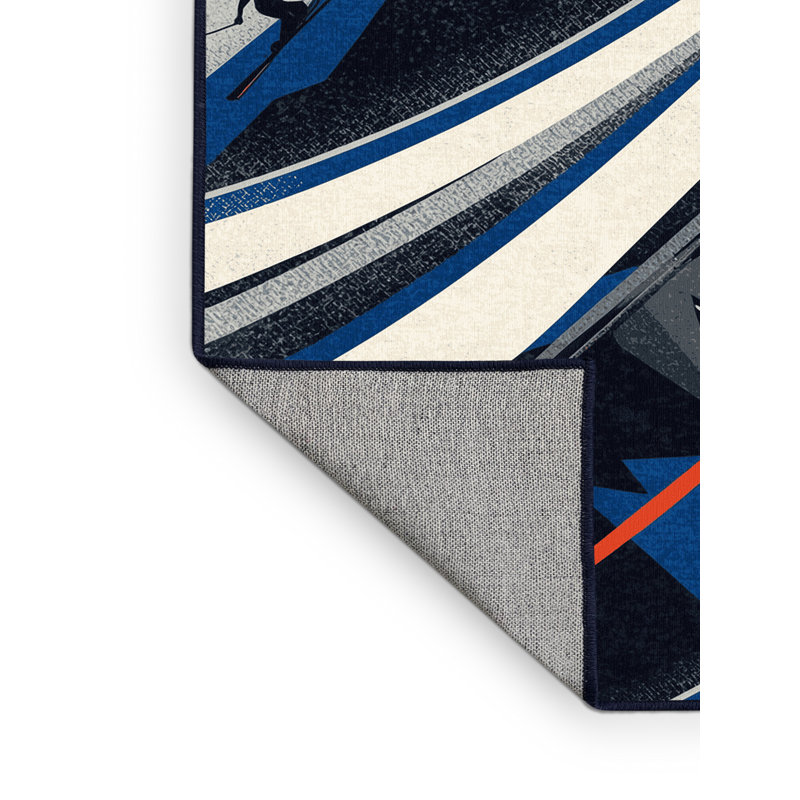 Machine Washable Aust Alpine Skiing Sleek & Chic Modern Arc Rug in Gray – Navy Binding, 7x10