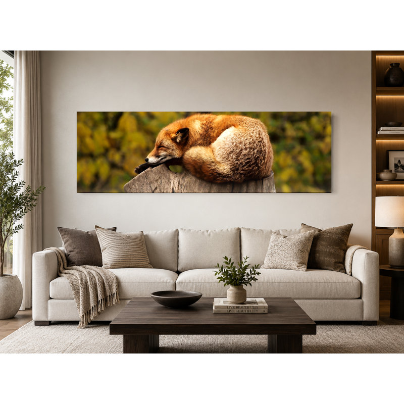 «Sleeping Fox on Tree Stump», art mural sur toile panoramique, 48" W x 16" H