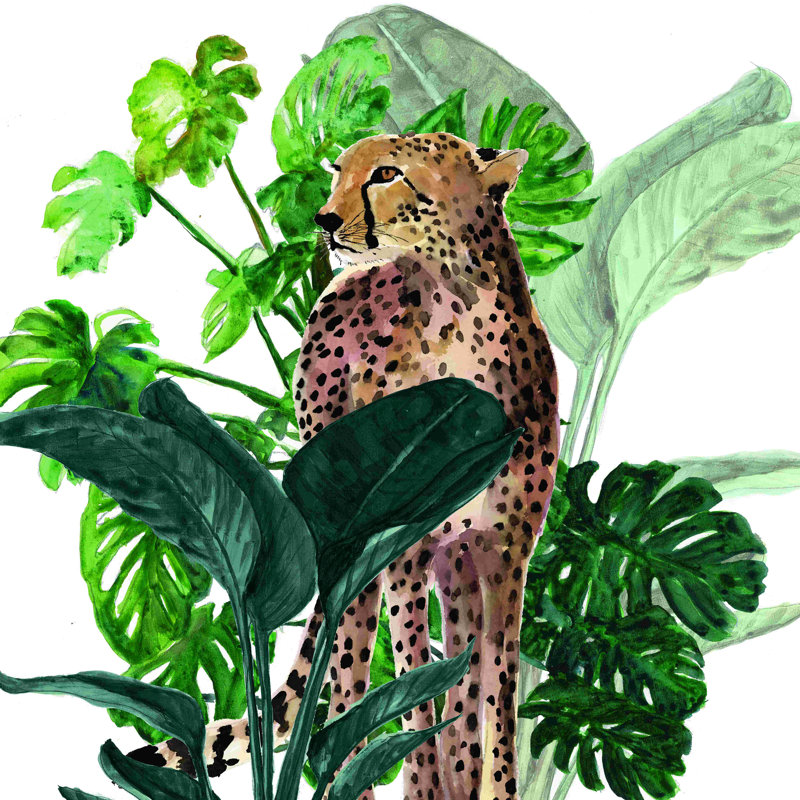 Guépard avec feuilles - reproduction sur toile tendue, H 12 po x l 12 po