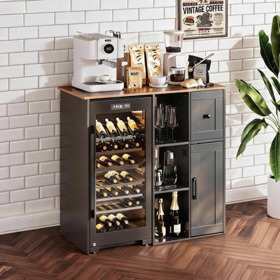 Modern Style 40" Pantry Cabinets with Built-in Power Outlet, Drawer, 3-Tier Shelves & Mini Fridge Storage Space