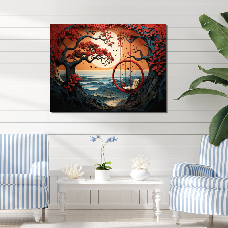 «Japon Seaside Swing Papercut III», reproduction sur toile, Toile tendue, 34" H x 44" W