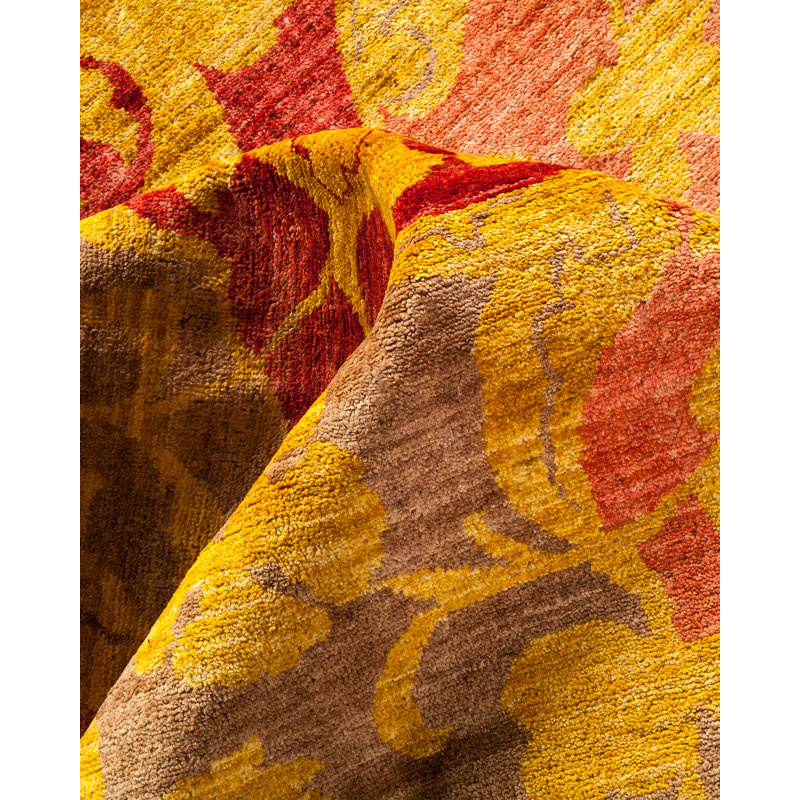Tapis jaune en laine noué à la main de conception unique 8 pi 10 po x 11 pi 8 po Sadie-Mae