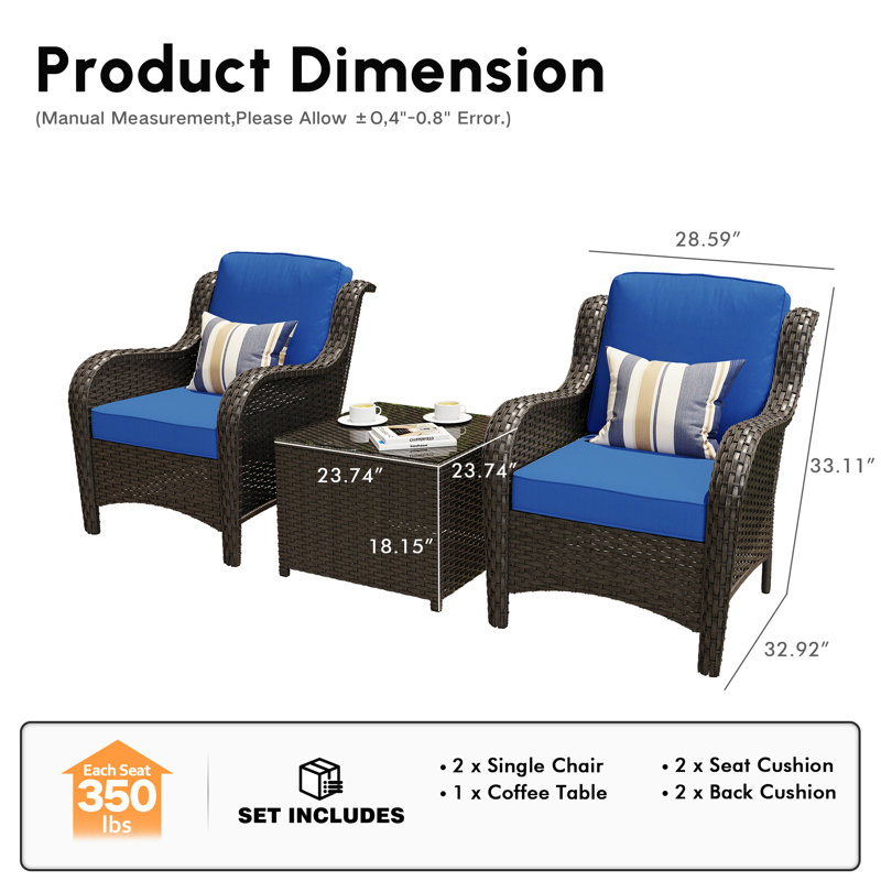 Wicker/Rattan 2 - Person Seating Group With Cushions, Brown Frame/Navy Cushion