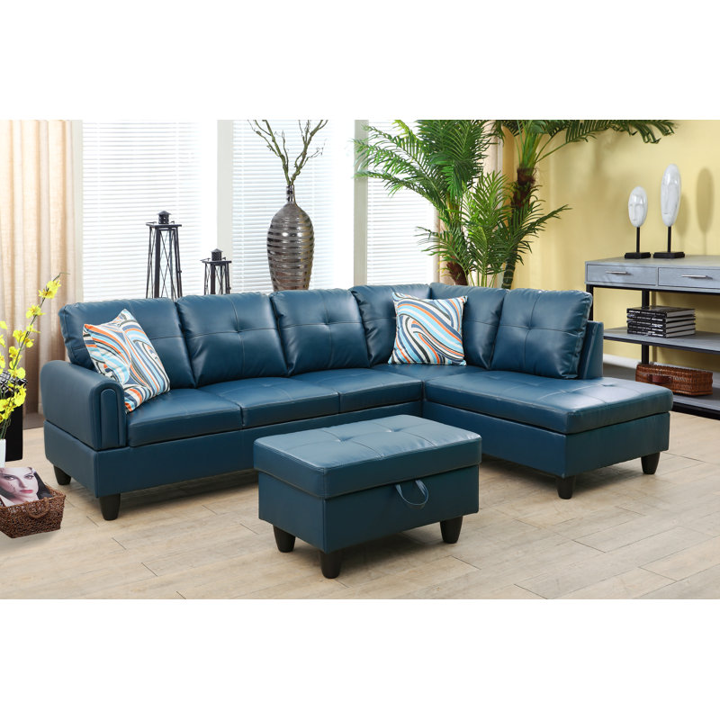 Jayzen 3 - Piece Vegan Sectional, Right Hand Facing, Denim Faux Leather, Black