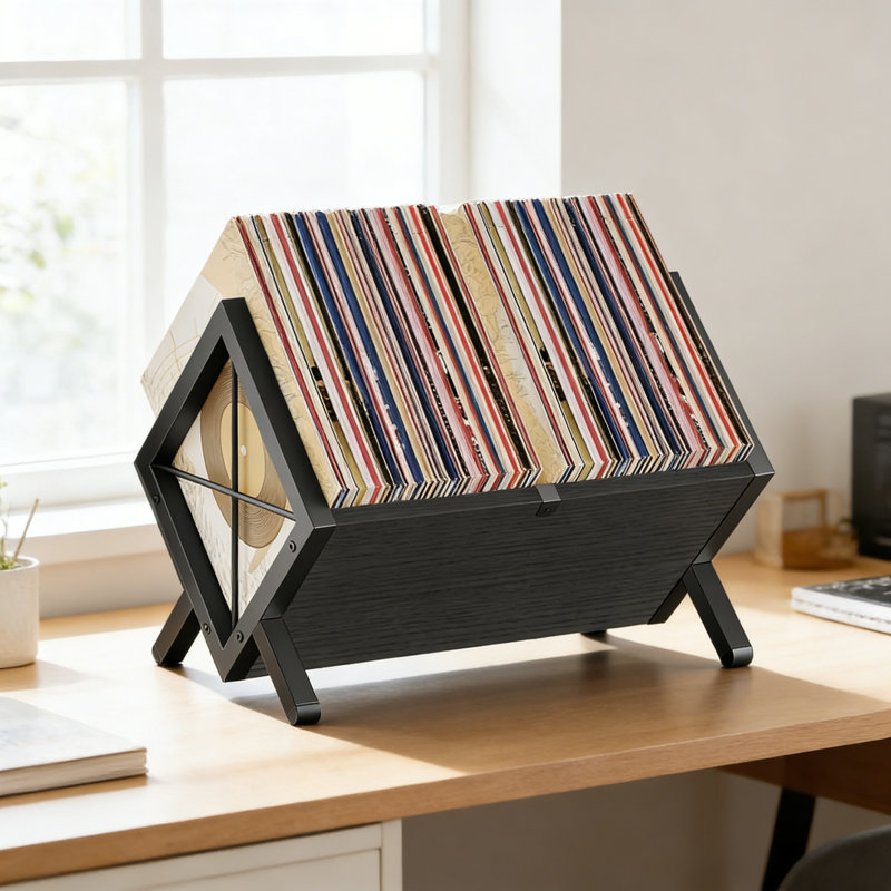 Vinyl Record Holder, Record Storage Rack Holds 80-100 Lps, Wooden And Metal Record Organizer, Black