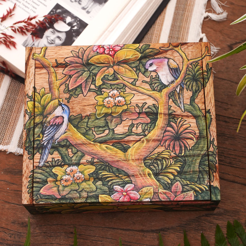 Boîte à bijoux en bois oiseaux tropicaux