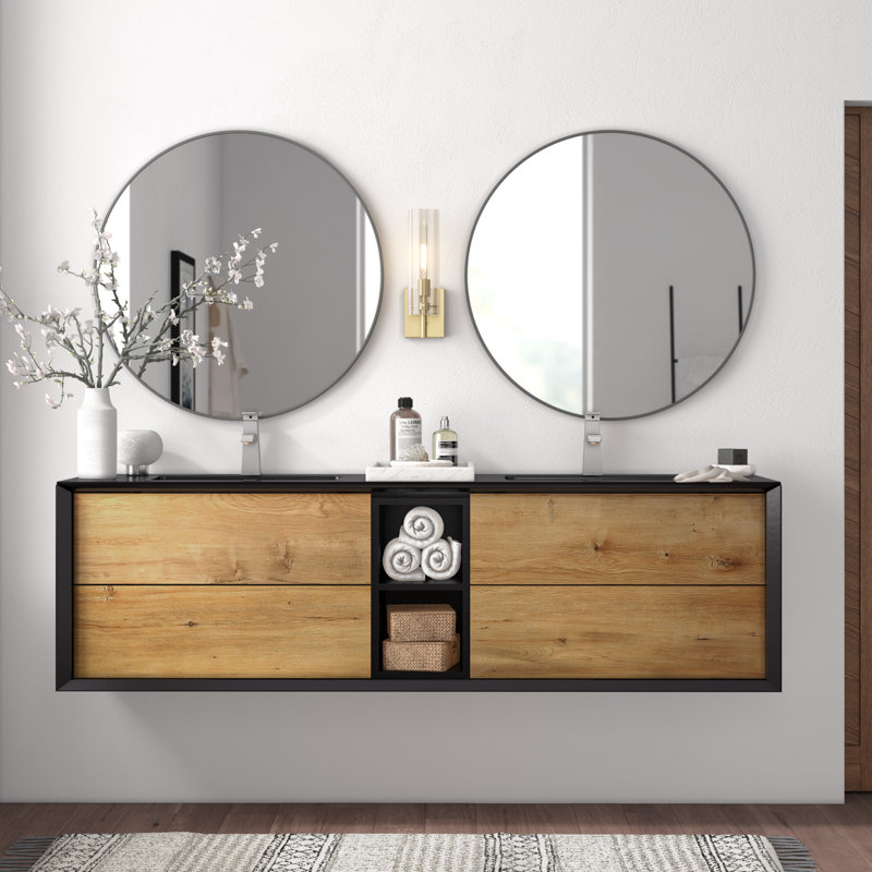 Kiskimere 74.8" Wall-Mounted Double Bathroom Vanity Set, Black Oak