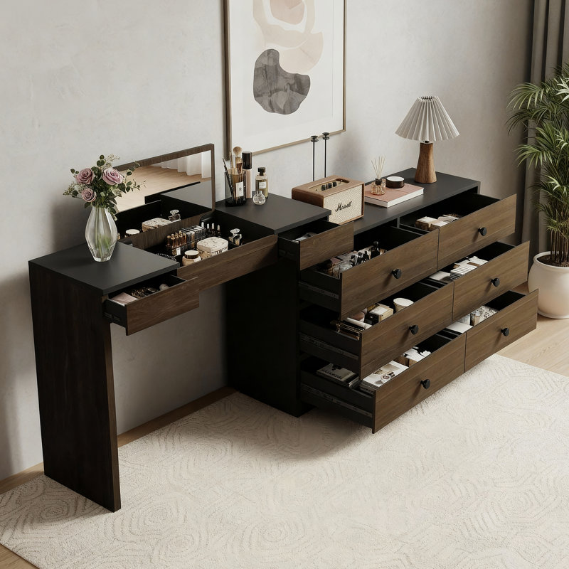Bureau de meuble-lavabo extensible convertible en L en bois pour la maison et le bureau avec miroir de maquillage rabattable et 6 tiroirs de rangement, dont 2 petits tiroirs de rangement