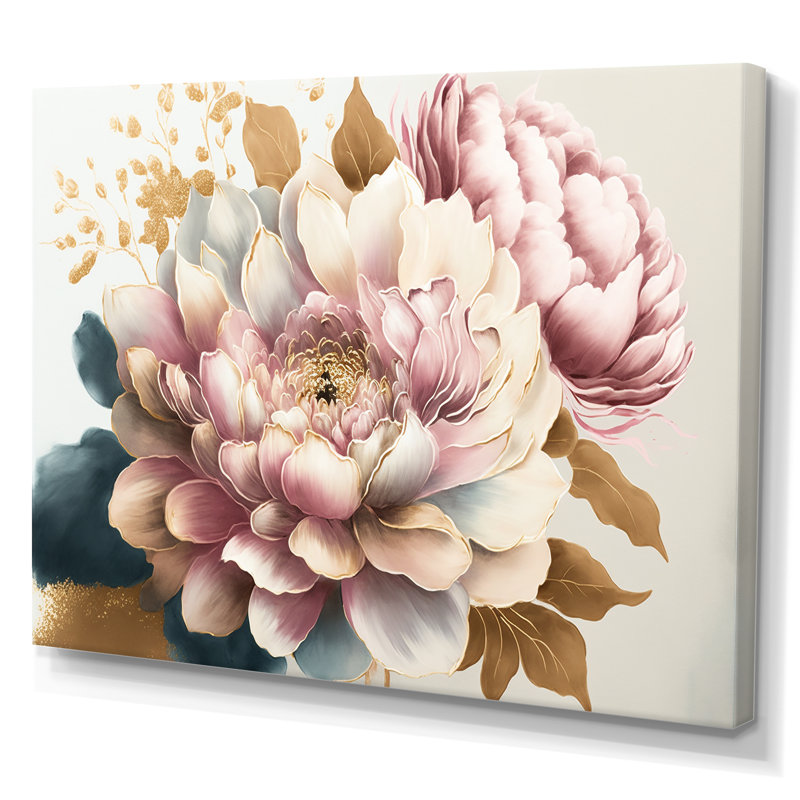 Rose et fleur de dahlia doré - Art mural sur toile floral et botanique, Toile tendue, H 12 po x l 20 po x P 1 po