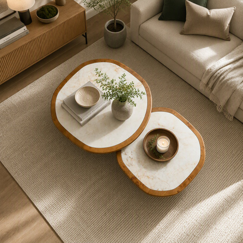 Ensemble de deux tables basses irrégulières avec placage de loupe de bois et plateau en pierre frittée, Beige / noyer