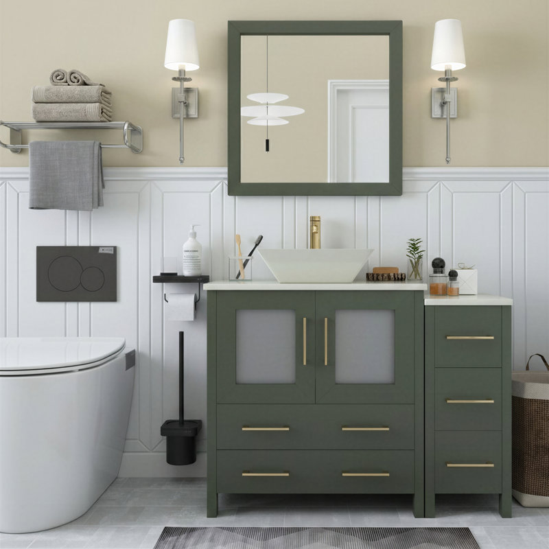 Ravenna 42" Freestanding Single Sink Bathroom Vanity with Engineered Marble Top and Matching Mirror, Vintage Green