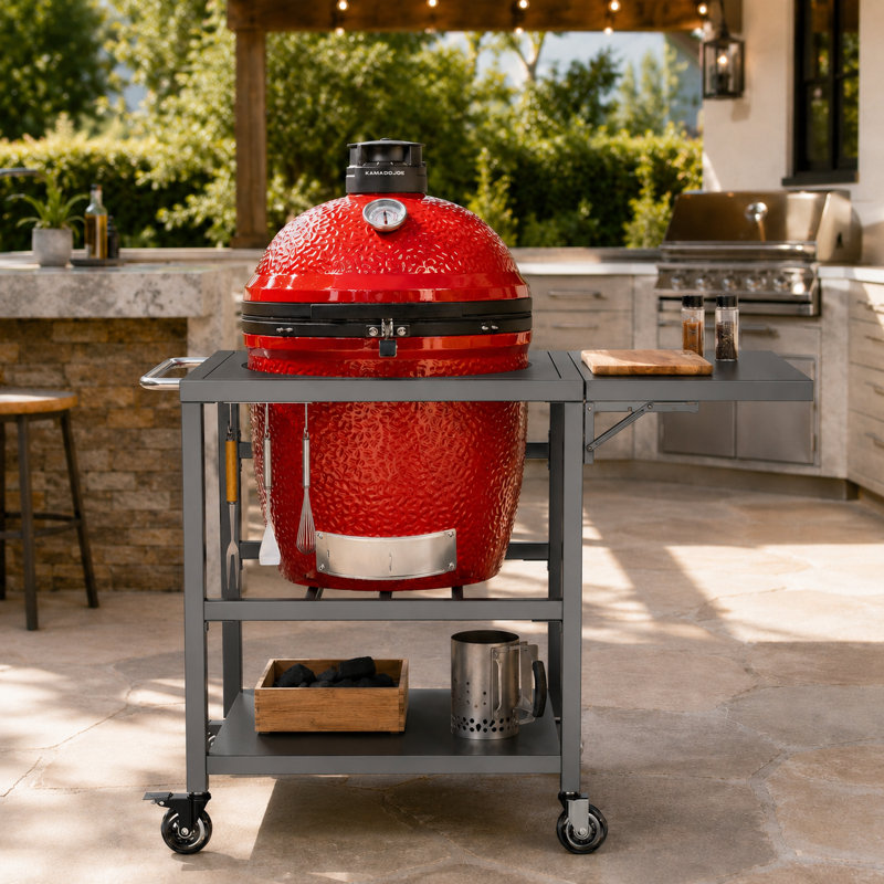 Outdoor Grill Table Cart for Kamado Joe, Heavy Duty Metal Rolling Kamado Stand with 3 inch Casters, Sturdy Side Table, Hooks, Prefect for Kamado Joe ClassicJoe, Classic II & III