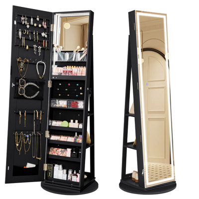 Ivy Bronx Standing LED Mirror Jewelry Cabinet: Lockable, with Full Length Mirror, Adjustable Lights,Space Saving Design - Ideal Christmas Gifts