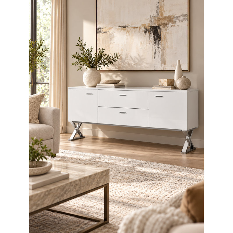 Contemporary White Lacquer Dining Buffet with Polished Silver Steel X-Legs and Storage Drawers, White