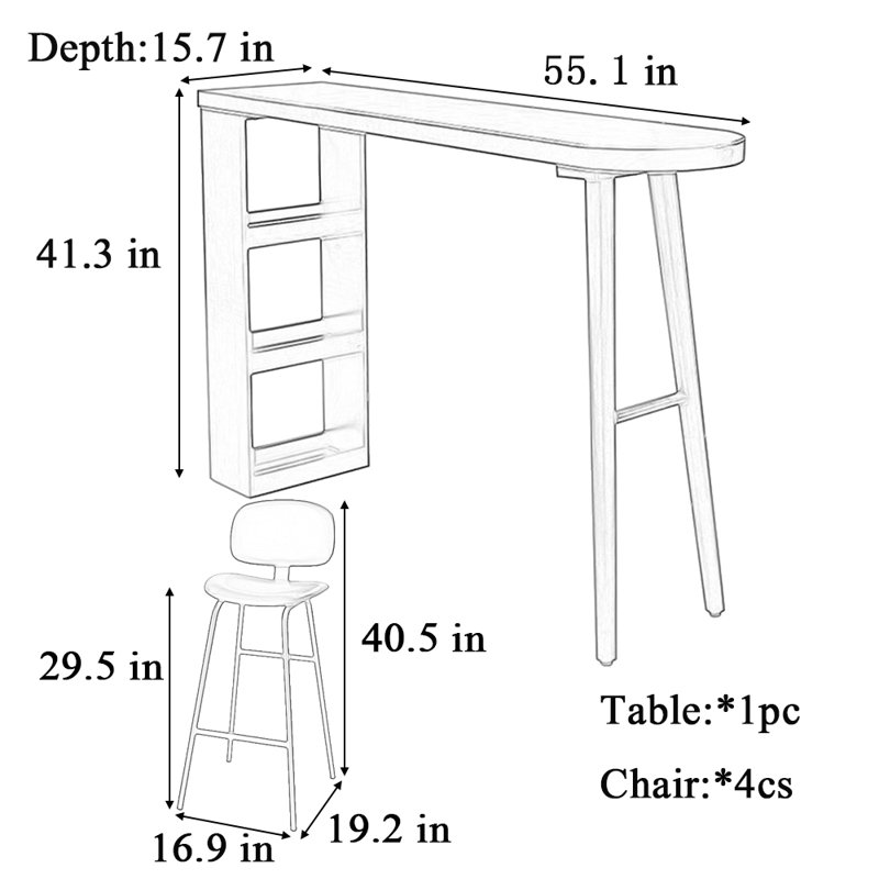 Table de bar et chaises de style simple, Brun, H 41,3 po x L 55,1 po x l 15,7 po
