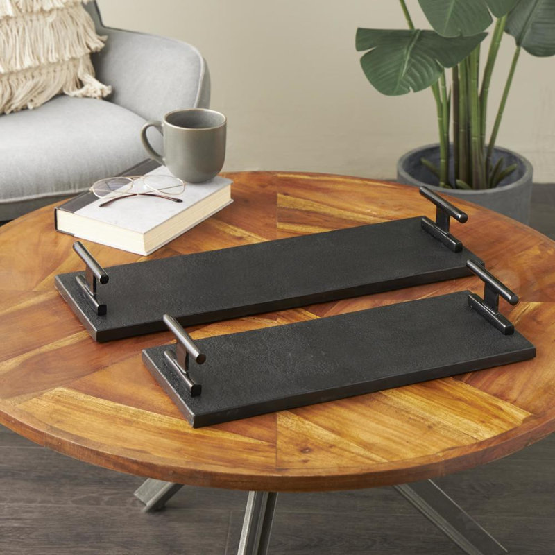 Aedic Mable Tray - Set of 2, 3.25"Hx7.15"Wx22.15"D & 3.25"Hx6.9"Wx18.15"D , Black