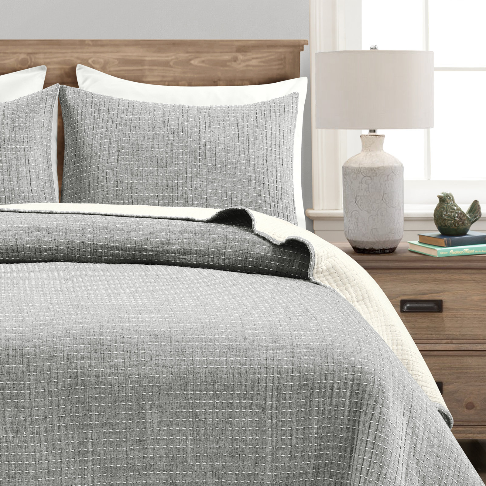 Cotton Quilt Set, Queen Quilt + 2 Shams, Gray
