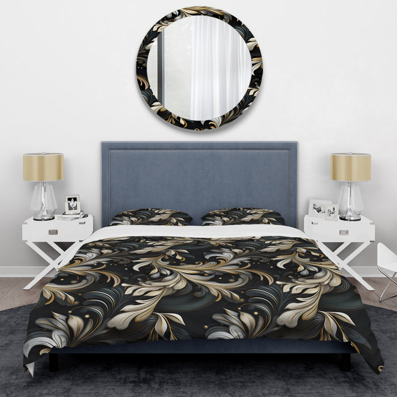 Ensemble de housse de couette Deep Black Silver Elegance I, Housse de couette pour grand lit et 2 taies décor