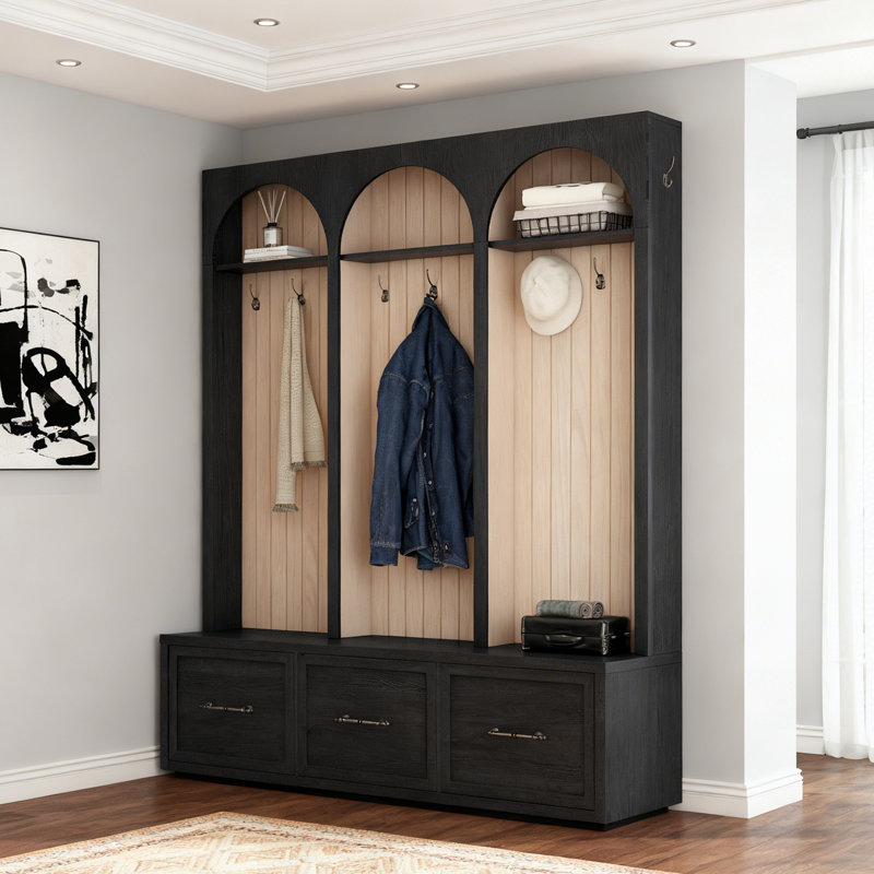 Arched Hall Tree With Hooks And Coat Rack & 3 Drawers, Black