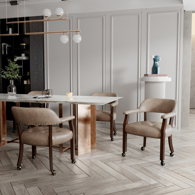 Swivel Tufted Dining Chairs With Casters And Arms, Light Brown, Espresso, 2