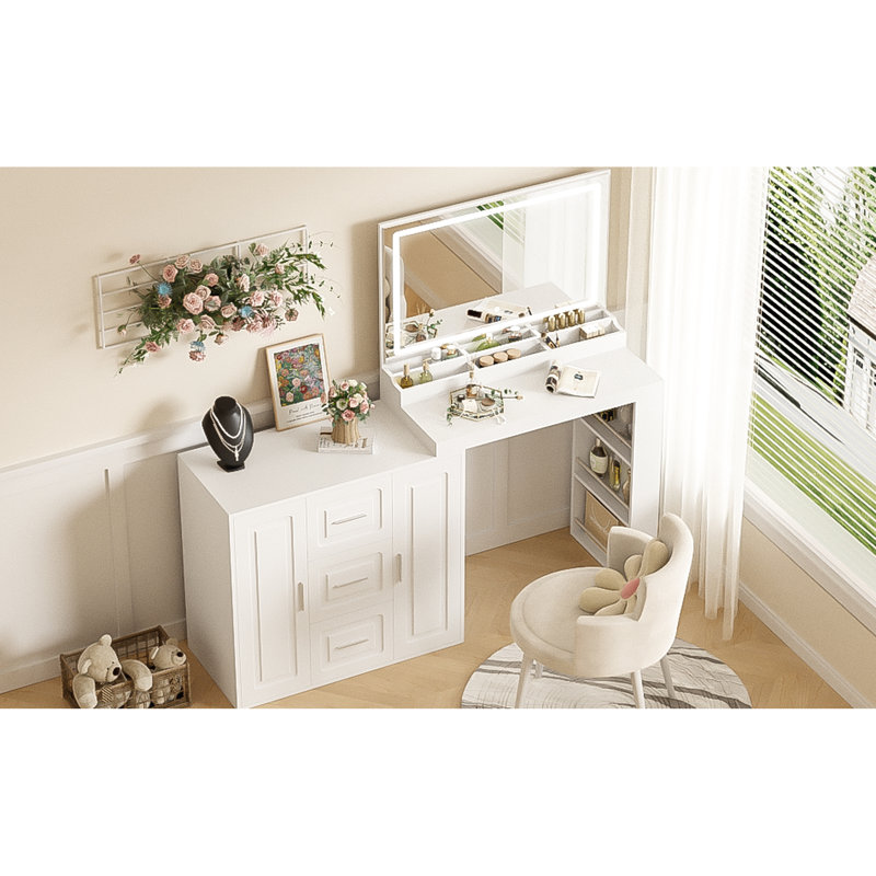 Table de coiffeuse 59 "avec lumières et miroir, blanc. 3 tiroirs, 2 armoires, miroir fonctionnel avec commode de chambre blanche. Lumières colorées, élégantes