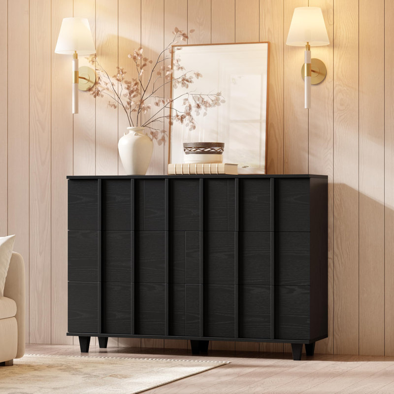 Commode en bois à 7 tiroirs avec commode cannelée moderne et minimaliste pour chambre à coucher, salon, chambre de bébé, entrée, grain de bois noir