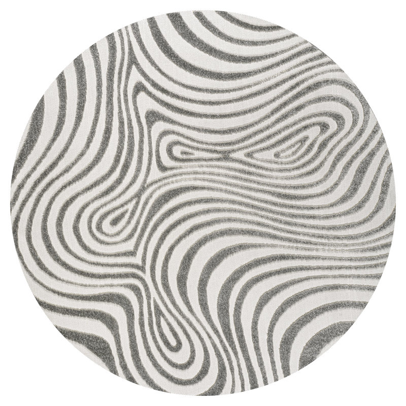 Maribo High-Low Abstract Groovy Striped Gray/Ivory Indoor/Outdoor Rug, Round 5'3"