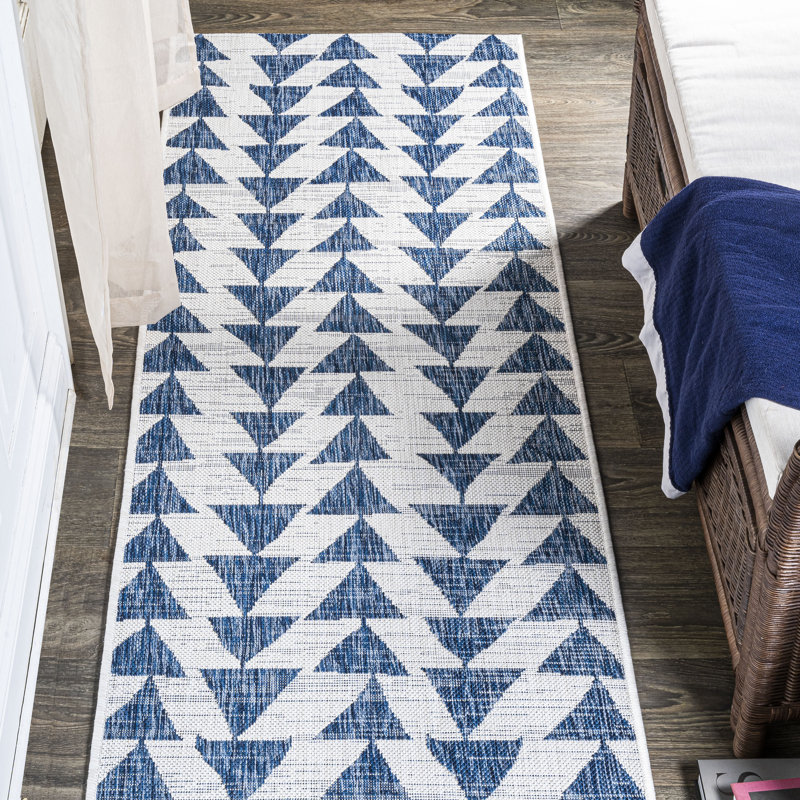 Anatolia Modern Tribal Geometric Blue/Ivory Indoor/Outdoor Rug, Runner 2'2" x 8'