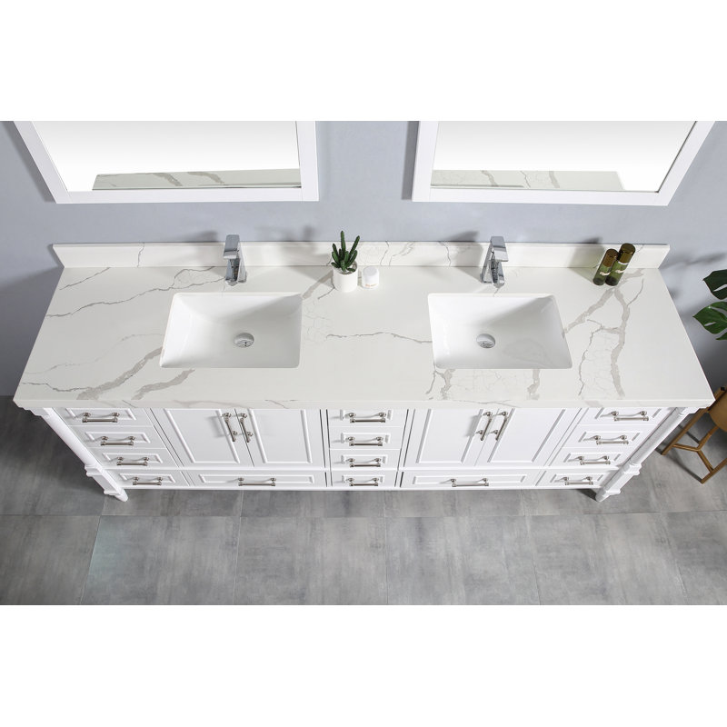 Ensemble de meuble-lavabo double 84 po Muirhead, Calacatta, Nickel brossé, Blanc