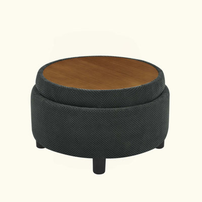 Round Storage Ottoman with Tray, ModernTufted Fabric Circle Coffee Table with Storage, Upholstered Ottoman with Removable Top for Living Room, Bedroom