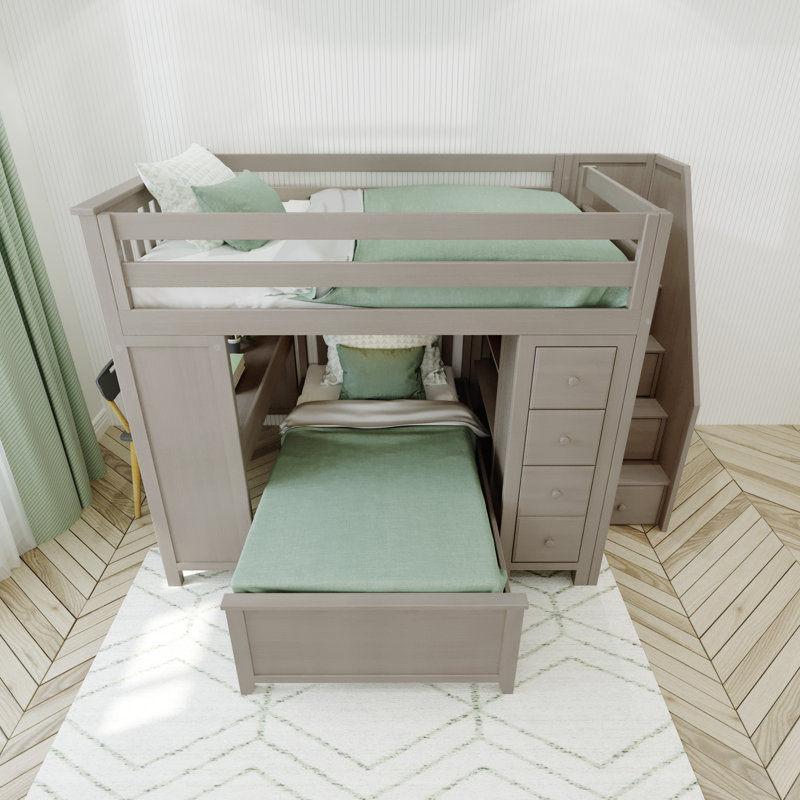 Tawanda Full Over Twin 10 Drawer Solid Wood L-Shaped Bunk Beds with Built-in-Desk by Viv + Rae™, Stone
