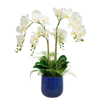 Faux White Orchid Flowers in Glossy Blue Ceramic Pot