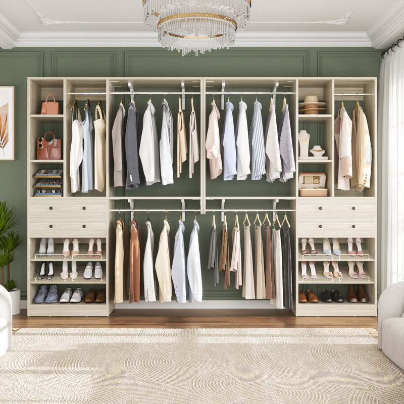 Système d'organisation 117,8 po avec tiroirs en bois, range-chaussures et tringles suspendues Welles, Chêne blanchi