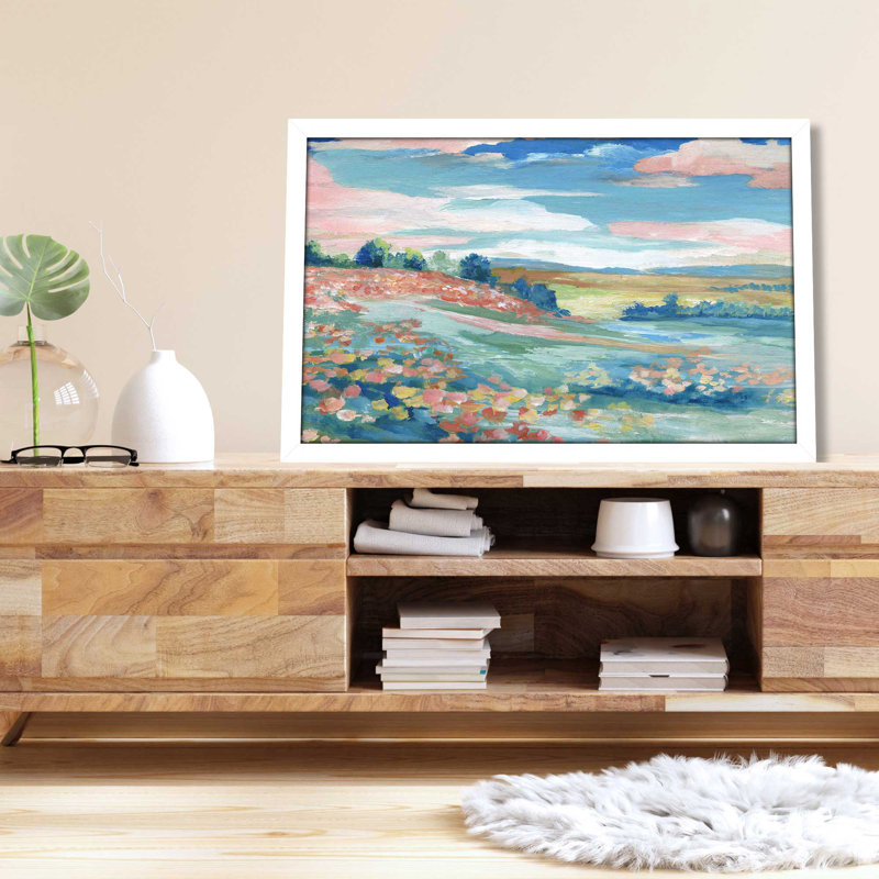 Vue pastorale par Nan - Peinture, L 27,5 po x H 21,5 po, Cadre blanc