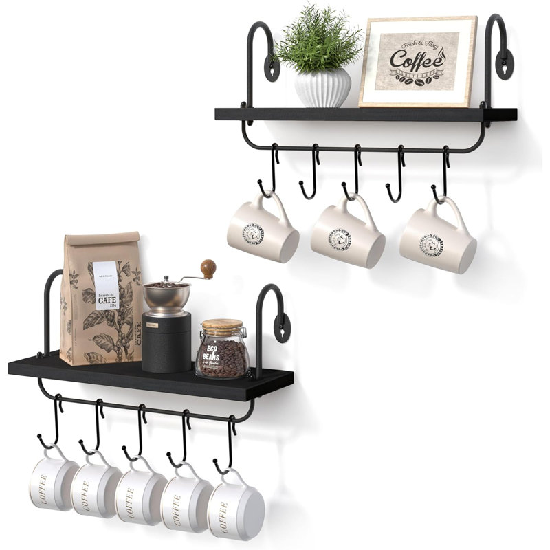 Floating Wall Shelves With Adjustable Hooks For Kitchen, Bathroom, Or Coffee Nook - Rustic Storage Shelf Set Of 2 - Durable Pine Wood With Matte Black Metal Brackets