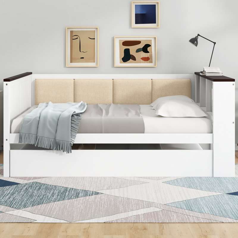 Full Size Wood Daybed with Trundle, Storage Shelves, Upholstered Backrest & USB Charging, White, Full/Double