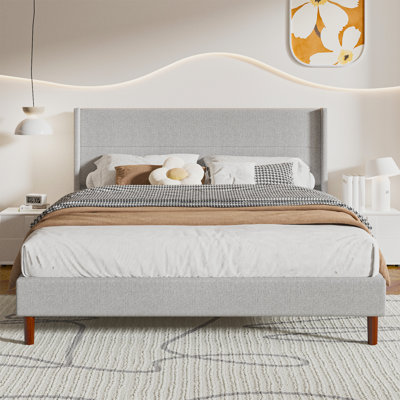Structure de lit très grand, plateforme tapissier en lin avec tête de lit à oreilles, support de lattes en bois, aucun sommier requis, assemblage facile, gris clair