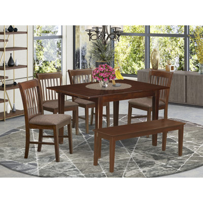 6 Piece Dining Room Table Set Contains a Rectangle Kitchen Table with Butterfly Leaf and 4 Linen Fabric Dining Chairs with a Bench, Mahogany