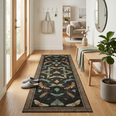 Tapis pour hall d'entrée à motif d'insectes - Lavable à poils courts et antidérapant