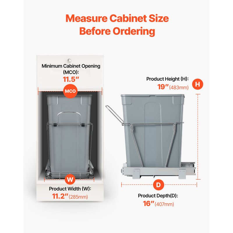 Poubelle coulissante pour armoires de cuisine, bac à déchets de 35 litres, à encastrer sous comptoir, avec système coulissant à extension complète en métal robuste et poignée.