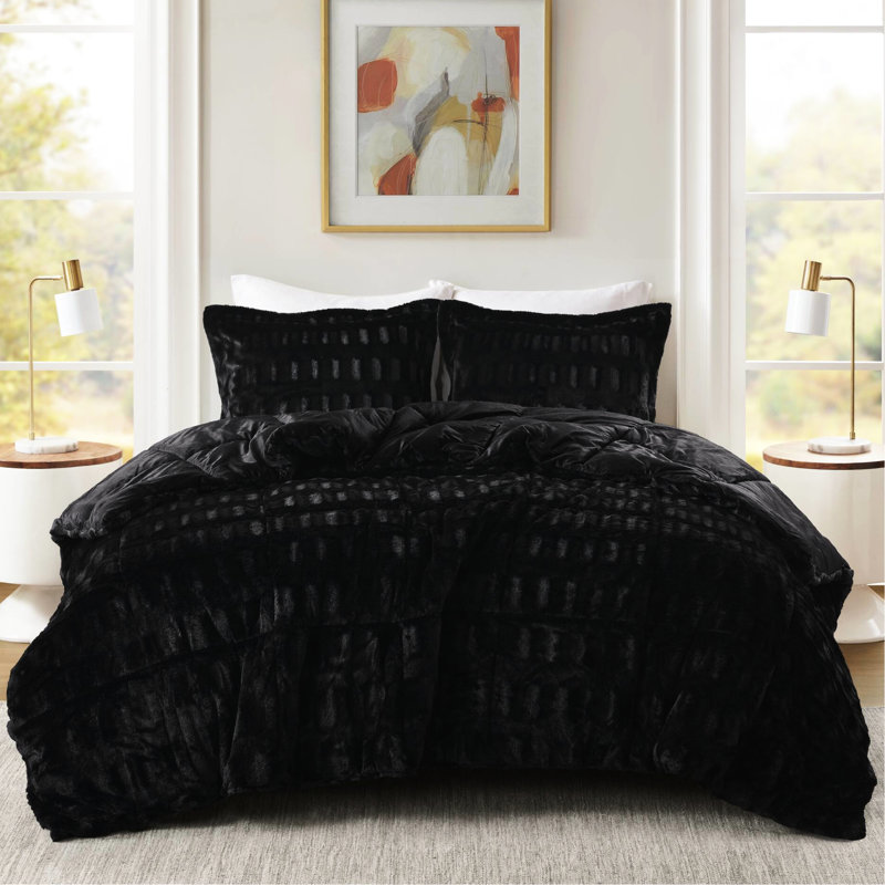 Édredon en fausse fourrure noire 2 pièces pour lit simple / simple TG, fourrure brossée élégante, revers en vison doux et rembourrage sans adoucissant