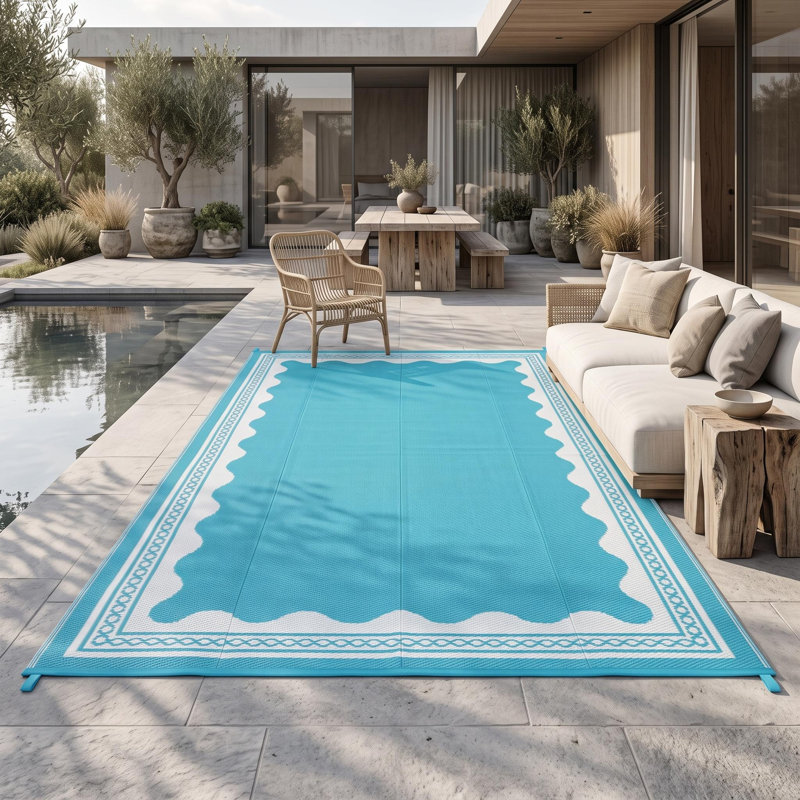 Tapis extérieur festonné et imperméable pour terrasse de camping, 9 x 12 pi (bleu clair / blanc)