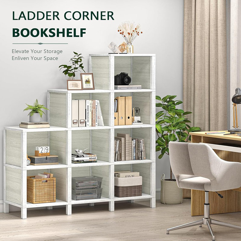 9-Cube Ladder Bookcase & Bookshelf, Floor Standing Display Storage 12 Shelves Bookshelf